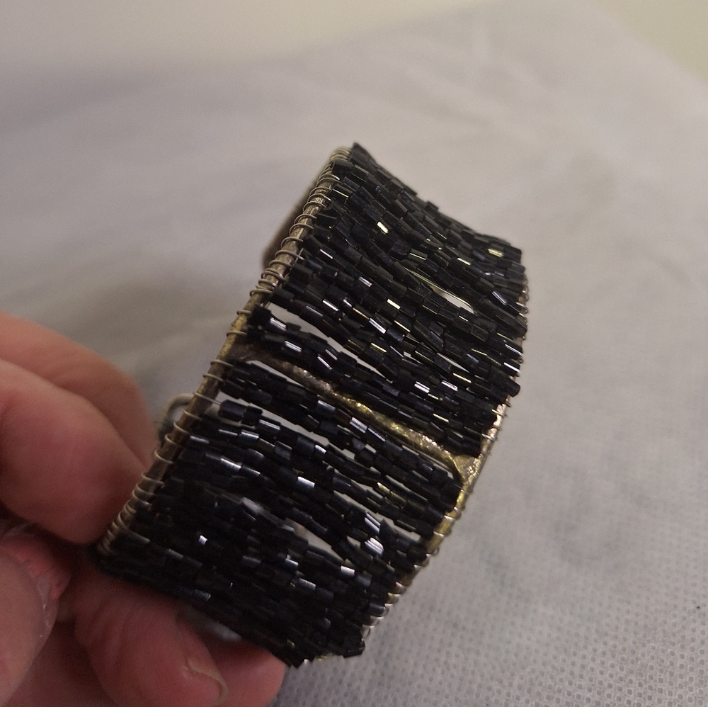 Black Beaded Wide Banded Bracelet